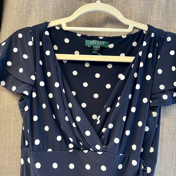 Lauren Ralph Lauren - Dark Navy Polkadot Dress -  Size 2 - Flutter Sleeve - Picture 7 of 10